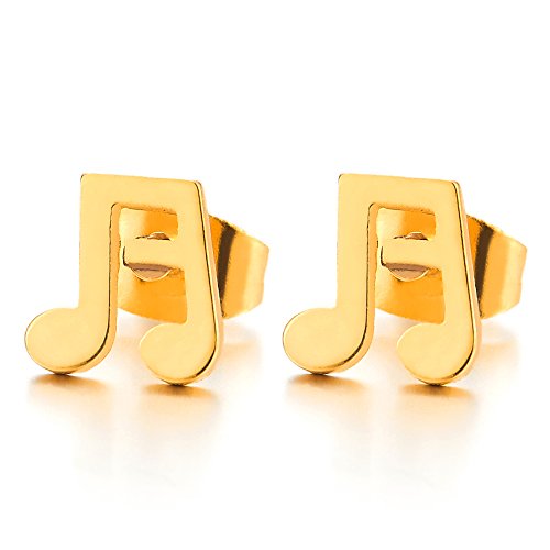 2pcs Mens Womens Girls Stainless Steel Gold Color Music Sign Beam Notes Stud Earrings - COOLSTEELANDBEYOND Jewelry
