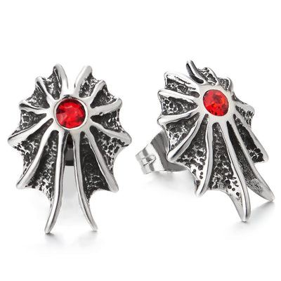 2pcs Mens Womens Stainless Steel Bat Wing Stud Earrings with Red Cubic Zirconia - COOLSTEELANDBEYOND Jewelry