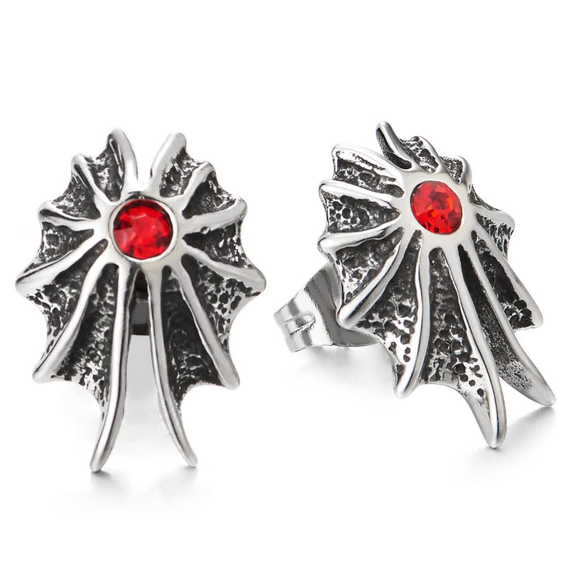 2pcs Mens Womens Stainless Steel Bat Wing Stud Earrings with Red Cubic Zirconia - COOLSTEELANDBEYOND Jewelry