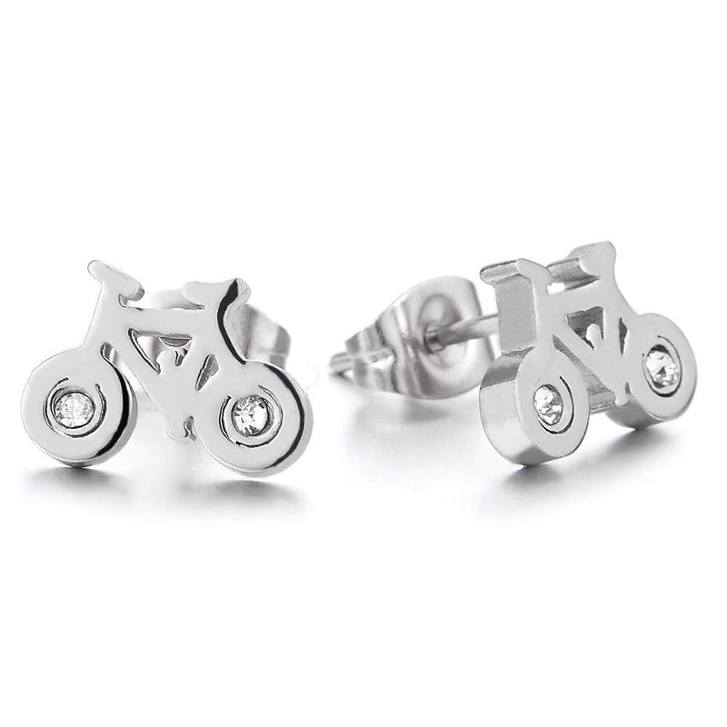 2Pcs Mens Womens Stainless Steel Bicycle Bike Stud Earrings with Cubic Zirconia - COOLSTEELANDBEYOND Jewelry