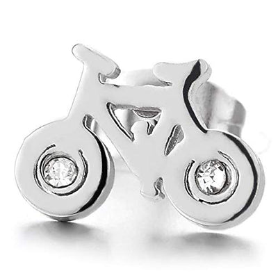 2Pcs Mens Womens Stainless Steel Bicycle Bike Stud Earrings with Cubic Zirconia - COOLSTEELANDBEYOND Jewelry