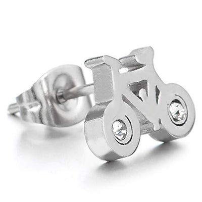 2Pcs Mens Womens Stainless Steel Bicycle Bike Stud Earrings with Cubic Zirconia - COOLSTEELANDBEYOND Jewelry