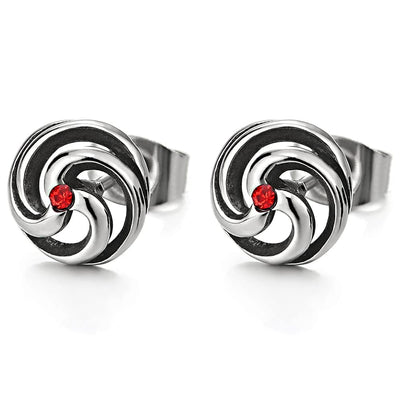 2pcs Mens Womens Stainless Steel Swirl Spiral Stud Earrings with Red Cubic Zirconia - COOLSTEELANDBEYOND Jewelry