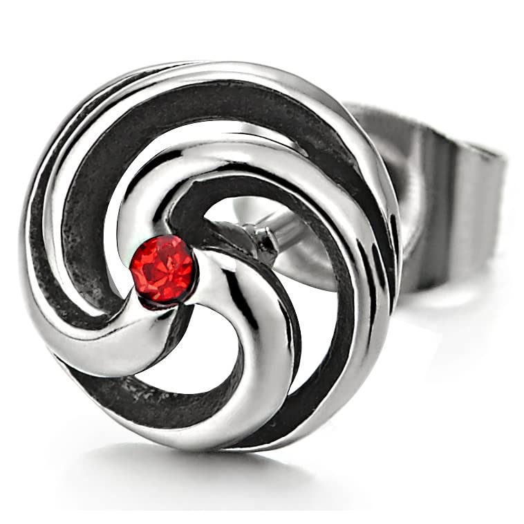 2pcs Mens Womens Stainless Steel Swirl Spiral Stud Earrings with Red Cubic Zirconia - COOLSTEELANDBEYOND Jewelry