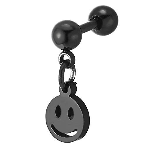 2pcs Mens Womens Steel Black Ball Barbell Stud Earrings with Dangling Smiling face, Screw Back - COOLSTEELANDBEYOND Jewelry