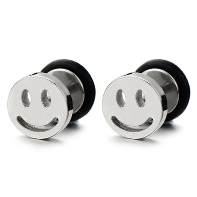 2pcs Smiling Face Stud Earrings in Steel for Men Women, Screw Back - coolsteelandbeyond