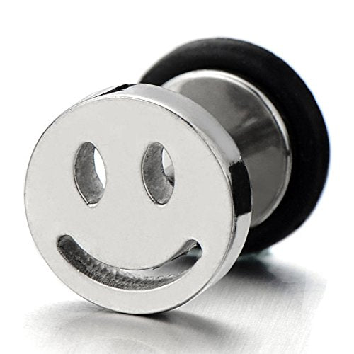 2pcs Smiling Face Stud Earrings in Steel for Men Women, Screw Back - coolsteelandbeyond