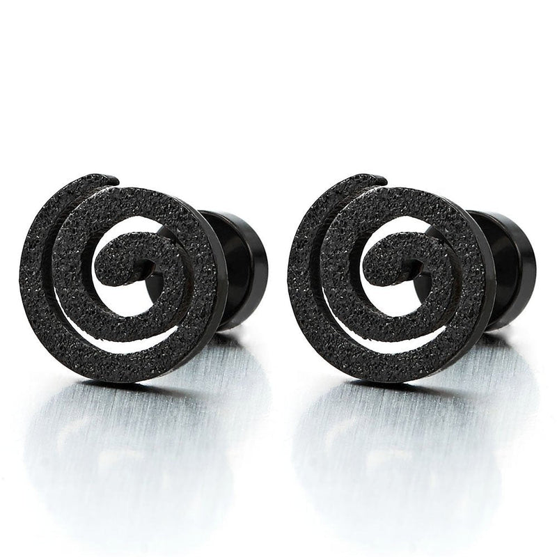 2pcs Stainless Steel Black Geometric Spiral Stud Earrings for Mens Women, Screw Back, Punk Hipster - COOLSTEELANDBEYOND Jewelry