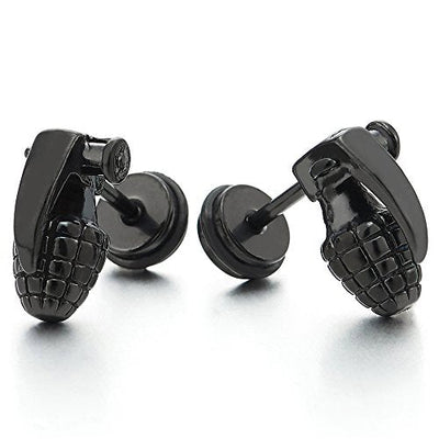 2pcs Stainless Steel Black Grenade Stud Earrings for Men, Screw Back - coolsteelandbeyond