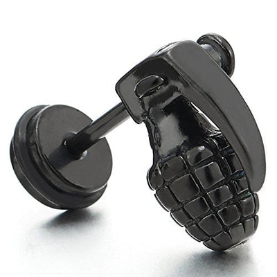 2pcs Stainless Steel Black Grenade Stud Earrings for Men, Screw Back - coolsteelandbeyond