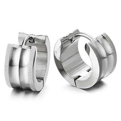 2pcs Stainless Steel Concave Grooved Huggie Hinged Hoop Earrings for Men Women, Polished and Satin - coolsteelandbeyond