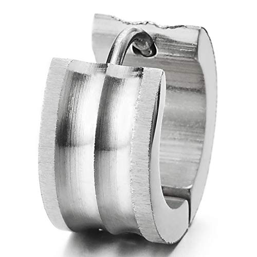 2pcs Stainless Steel Concave Grooved Huggie Hinged Hoop Earrings for Men Women, Polished and Satin - coolsteelandbeyond