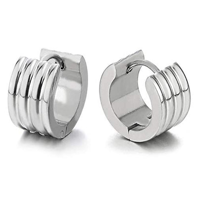 2pcs Stainless Steel Grooved Huggie Hinged Wide Hoop Earrings for Men Women, Unique - coolsteelandbeyond