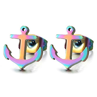 2pcs Stainless Steel Rainbow Marine Anchor Stud Earrings for Men and Women - coolsteelandbeyond