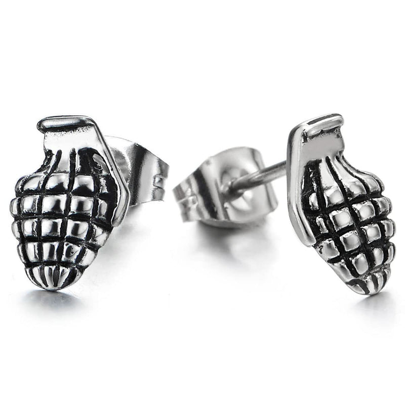 2pcs Stainless Steel Vintage Grenade Stud Earrings for Men Punk Rock Biker - COOLSTEELANDBEYOND Jewelry