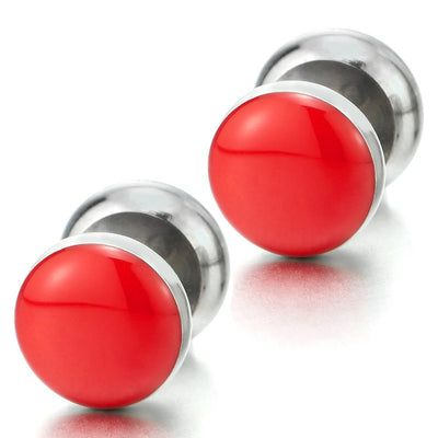 2pcs Steel Men Women Circle Screw Stud Earrings with Red Enamel, Cheater Fake Ear Plugs Gauges - COOLSTEELANDBEYOND Jewelry