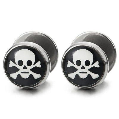 2pcs Steel Pirate Skull Circle Dome Stud Earrings Men Women Silver Black Cheater Fake Ear Plug Gauge - COOLSTEELANDBEYOND Jewelry