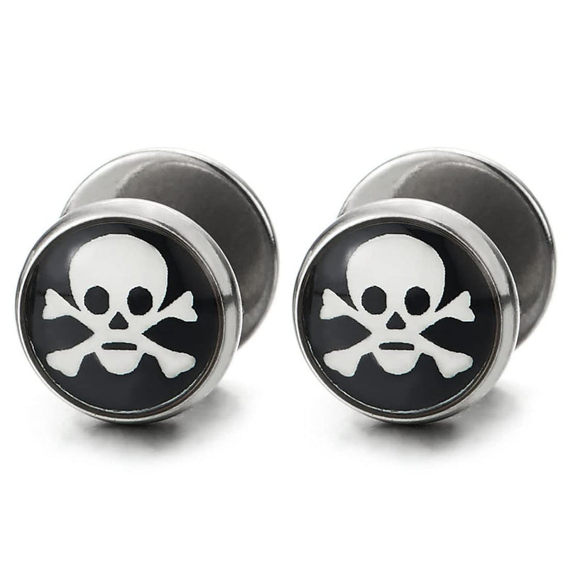 2pcs Steel Pirate Skull Circle Dome Stud Earrings Men Women Silver Black Cheater Fake Ear Plug Gauge - COOLSTEELANDBEYOND Jewelry