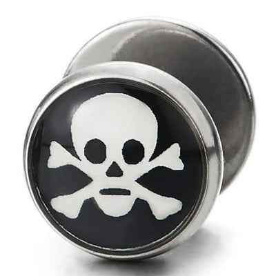 2pcs Steel Pirate Skull Circle Dome Stud Earrings Men Women Silver Black Cheater Fake Ear Plug Gauge - COOLSTEELANDBEYOND Jewelry