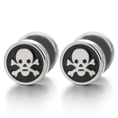 2pcs Steel Pirate Skull Circle Stud Earrings for Men Women, Silver Black Cheater Fake Ear Plug Gauge - COOLSTEELANDBEYOND Jewelry