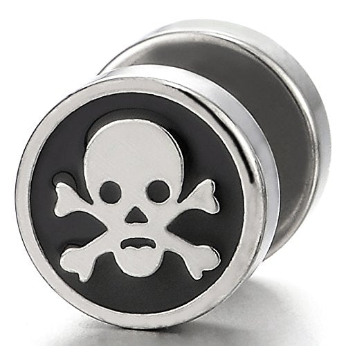 2pcs Steel Pirate Skull Circle Stud Earrings for Men Women, Silver Black Cheater Fake Ear Plug Gauge - COOLSTEELANDBEYOND Jewelry