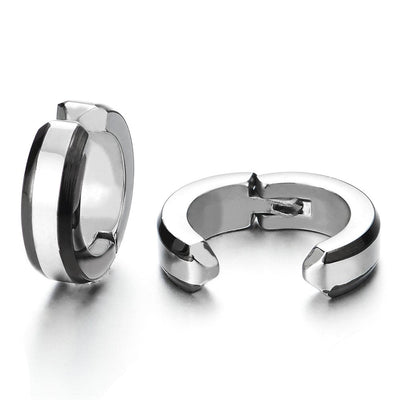 2pcs Steel Silver Black Huggie Hinged Hoop Earrings Non-Piercing Clip On Earrings for Men Women - COOLSTEELANDBEYOND Jewelry