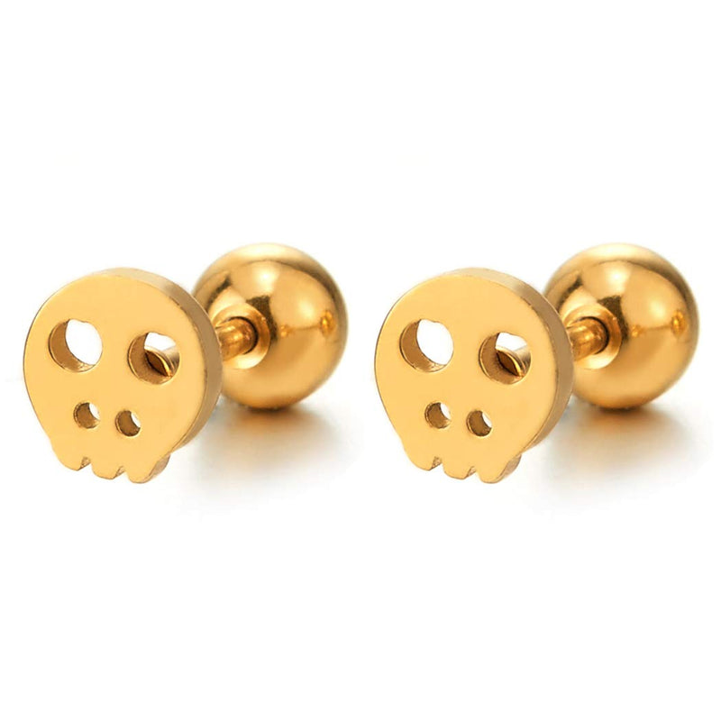 2pcs Steel Small Gold Color Flat Skull Circle Stud Earrings for Men Women, Screw Back, Gothic Rock - COOLSTEELANDBEYOND Jewelry