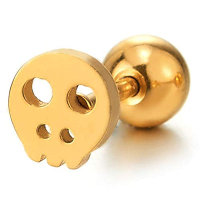 2pcs Steel Small Gold Color Flat Skull Circle Stud Earrings for Men Women, Screw Back, Gothic Rock - COOLSTEELANDBEYOND Jewelry