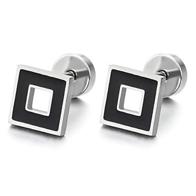 2pcs Unisex Mens Womens Stainless Steel Open Square Stud Earrings with Black Enamel, Screw Back - COOLSTEELANDBEYOND Jewelry