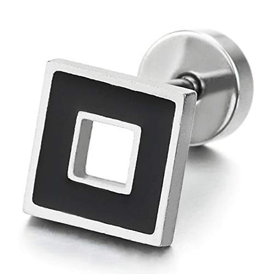 2pcs Unisex Mens Womens Stainless Steel Open Square Stud Earrings with Black Enamel, Screw Back - COOLSTEELANDBEYOND Jewelry