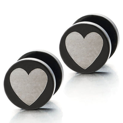 2pcs Womens Black Circle Heart Stud Earrings, Steel Cheater Fake Ear Plug Gauge Illusion Tunnel - COOLSTEELANDBEYOND Jewelry