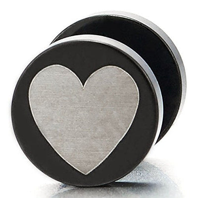 2pcs Womens Black Circle Heart Stud Earrings, Steel Cheater Fake Ear Plug Gauge Illusion Tunnel - COOLSTEELANDBEYOND Jewelry