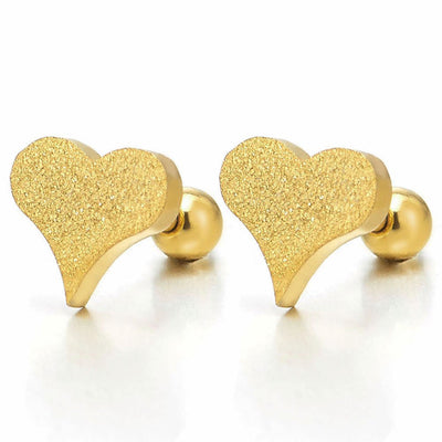 2pcs Womens Gold Color Stainless Steel Heart Stud Earrings, Screw Back, Satin Finished - COOLSTEELANDBEYOND Jewelry