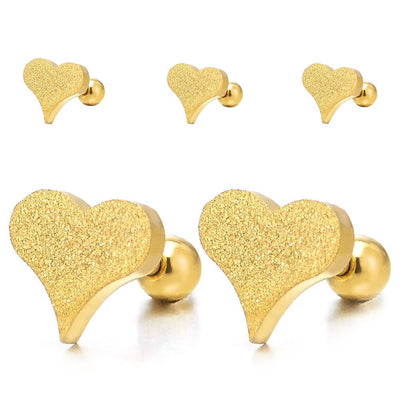 2pcs Womens Gold Color Stainless Steel Heart Stud Earrings, Screw Back, Satin Finished - COOLSTEELANDBEYOND Jewelry