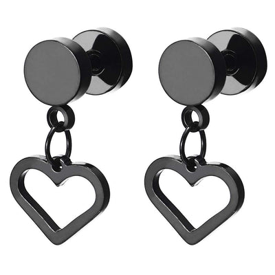 2pcs Womens Stainless Steel Black Barbell Circle Stud Earrings with Dangling Open Heart, Screw Back - COOLSTEELANDBEYOND Jewelry