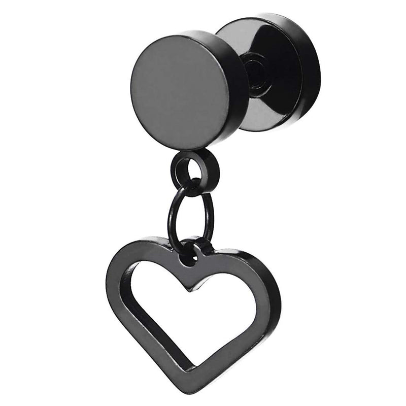 2pcs Womens Stainless Steel Black Barbell Circle Stud Earrings with Dangling Open Heart, Screw Back - COOLSTEELANDBEYOND Jewelry