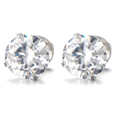 3-8 MM Mens Ladies White Cubic Zirconia Stud Earrings Stainless Steel Screw Back Post, 2pcs - coolsteelandbeyond