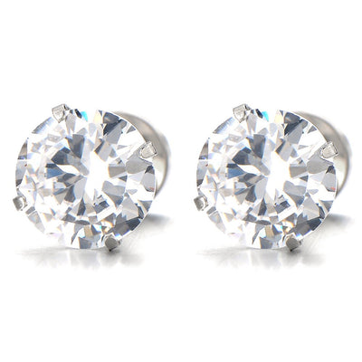 3-8 MM Mens Ladies White Cubic Zirconia Stud Earrings Stainless Steel Screw Back Post, 2pcs - coolsteelandbeyond