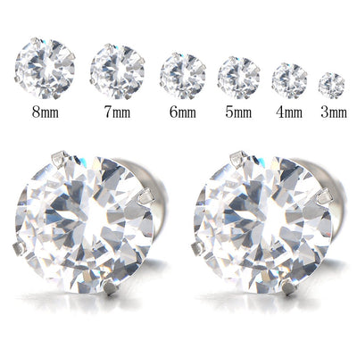 3-8 MM Mens Ladies White Cubic Zirconia Stud Earrings Stainless Steel Screw Back Post, 2pcs - coolsteelandbeyond