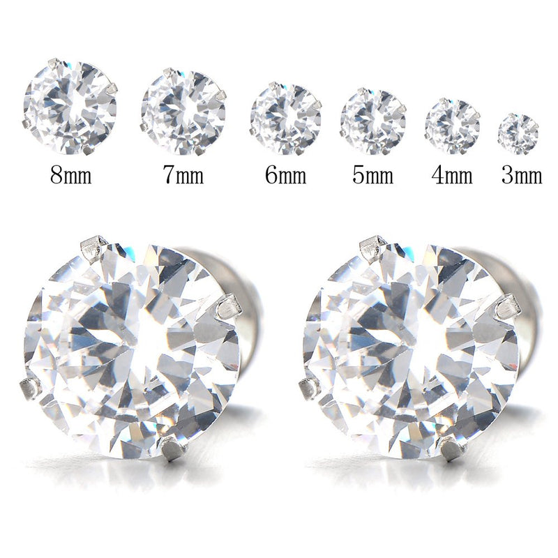 3-8 MM Mens Ladies White Cubic Zirconia Stud Earrings Stainless Steel Screw Back Post, 2pcs - coolsteelandbeyond