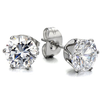 3-9 Mm Mens Ladies White Cubic Zirconia Stud Earrings Stainless Steel, 2pcs - coolsteelandbeyond