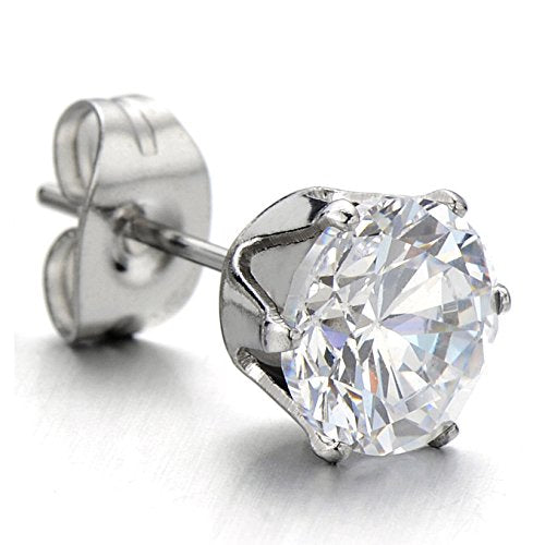 3-9 Mm Mens Ladies White Cubic Zirconia Stud Earrings Stainless Steel, 2pcs - coolsteelandbeyond