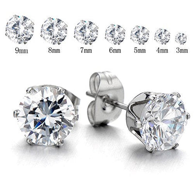 3-9 Mm Mens Ladies White Cubic Zirconia Stud Earrings Stainless Steel, 2pcs - coolsteelandbeyond