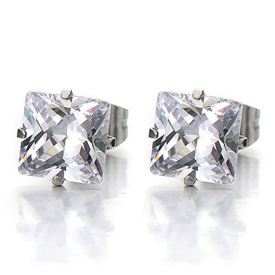 4-9MM Square Cubic Zirconia Princess Cut Stud Earrings for Men and Women Stainless Steel,2pcs - coolsteelandbeyond