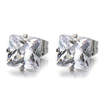 4-9MM Square Cubic Zirconia Princess Cut Stud Earrings for Men and Women Stainless Steel,2pcs - coolsteelandbeyond