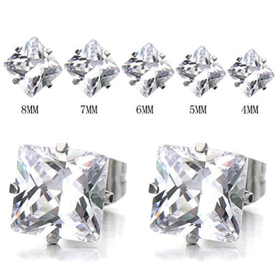 4-9MM Square Cubic Zirconia Princess Cut Stud Earrings for Men and Women Stainless Steel,2pcs - coolsteelandbeyond