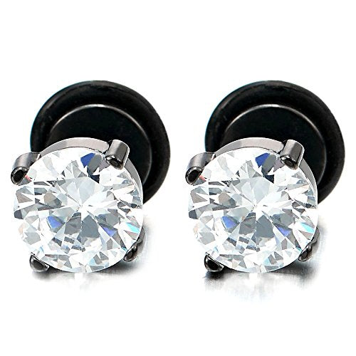 5-9MM Mens Women Black Stud Earrings with White Cubic Zirconia Stainless Steel Screw Back, 1 Pair - coolsteelandbeyond