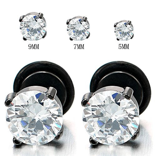 5-9MM Mens Women Black Stud Earrings with White Cubic Zirconia Stainless Steel Screw Back, 1 Pair - coolsteelandbeyond