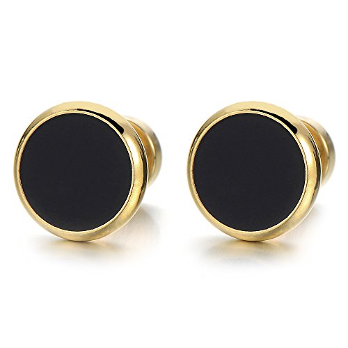 6-12MM Mens Womens Gold Black Stud Earrings Stainless Steel Illusion Tunnel Plug Screw Back, 2pcs - coolsteelandbeyond