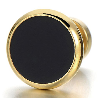 6-12MM Mens Womens Gold Black Stud Earrings Stainless Steel Illusion Tunnel Plug Screw Back, 2pcs - coolsteelandbeyond